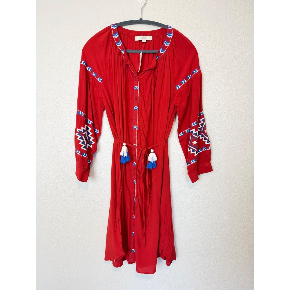 NWT LOFT Red Embroidered Tassel Tie Waist Boho Midi Dress Medium NEW 440175